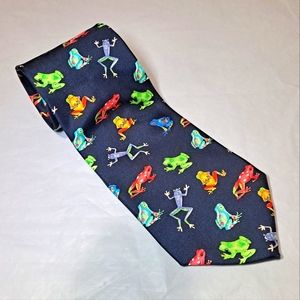 Alynn Neckwear Frogs 💯 Silk Designer Necktie 57" x 3.75" Blue w/ Multi-colors